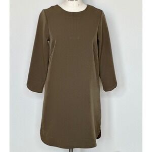 H & M Olive Green Shift Dress 3/4 Sleeve Keyhole Back Rounded Hem‎ Short Size 6